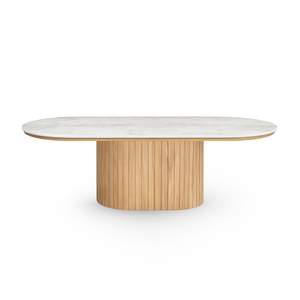 Bobby - Ovaler Couchtisch mit hellbeiger Steintischplatte und Eichengestell 120x55x45 cm