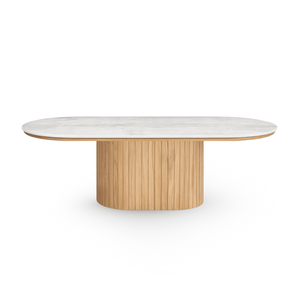 Bobby - Ovaler Couchtisch mit hellbeiger Steintischplatte und Eichengestell 120x55x45 cm