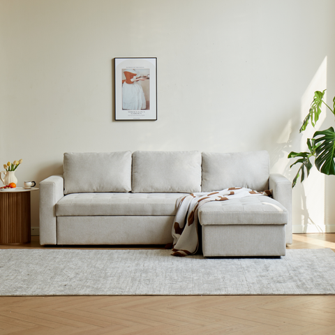 Sinus Schlafsofa mit Chaiselongue und Stauraum in beige, Rechts Und Links Wendbar