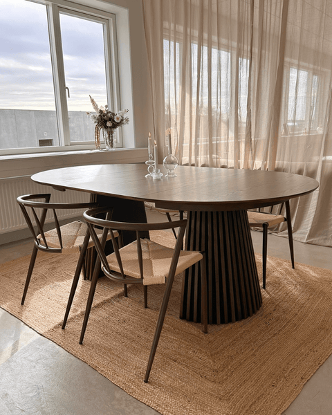 Lewis - Runder Lamellen-Esszimmer-Tisch in geräuchertem Eichenfurnier mit Ausziehfunktion 120/160/200 cm - 2 Zusatzplatten inklusive
