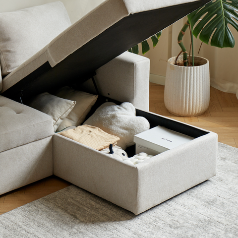 Sinus Schlafsofa mit Chaiselongue und Stauraum in beige, Rechts Und Links Wendbar