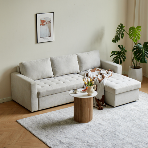 Sinus Schlafsofa mit Chaiselongue und Stauraum in beige, Rechts Und Links Wendbar