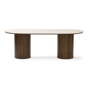 Enzo ovaler Esstisch mit Steinplatte in Beige und Lattenrost in Räuchereiche 220x100x76 cm