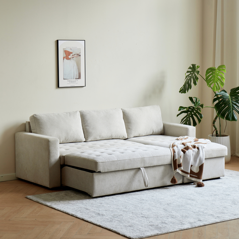 Sinus Schlafsofa mit Chaiselongue und Stauraum in beige, Rechts Und Links Wendbar