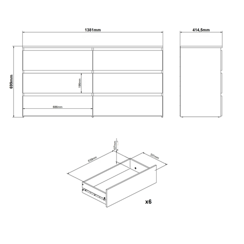 Maise Kommode 70x138x41 cm mit 6 Schubladen in weiß