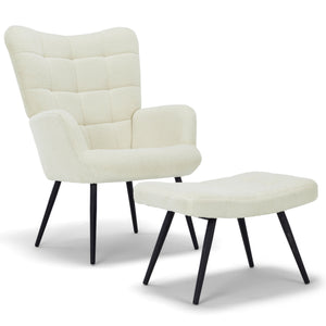 Allison Sessel mit Hocker - Weißes Plüsch/Imitiertes Lammfell