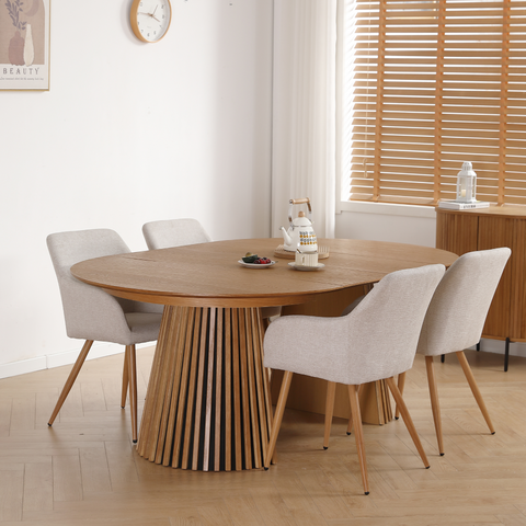 Jenna Esszimmerstuhl - beigefarbener Stoff mit Eichenoptik