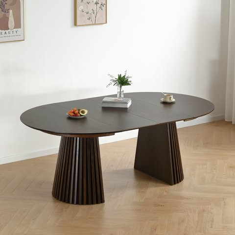 Lewis - Rundes Lamellen-Esszimmer-Tisch in geräuchertem Eichenfurnier mit Ausziehfunktion 120/160/200 cm - 2 Zusatzplatten inklusive