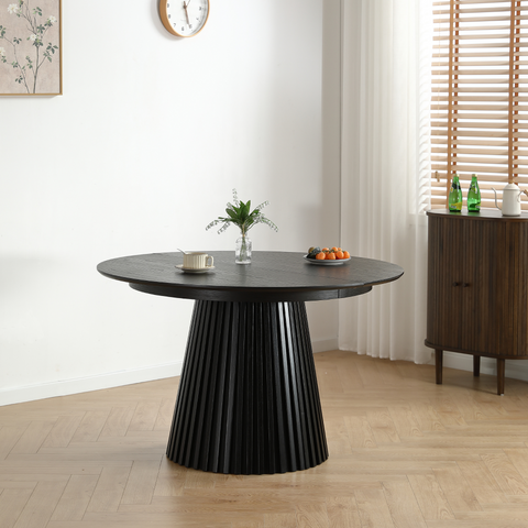 Lewis - Runder Lamellen-Esszimmer-Tisch in schwarzem Eichenfurnier mit Ausziehfunktion 120/160/200 cm - 2 Zusatzplatten inklusive