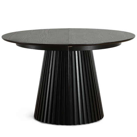 Lewis - Runder Lamellen-Esszimmer-Tisch in schwarzem Eichenfurnier mit Ausziehfunktion 120/160/200 cm - 2 Zusatzplatten inklusive