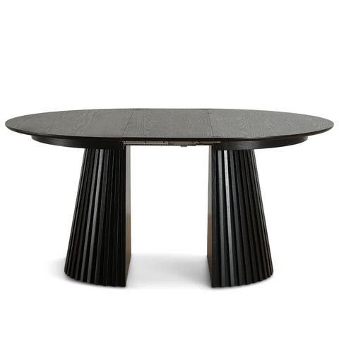 Lewis - Runder Lamellen-Esszimmer-Tisch in schwarzem Eichenfurnier mit Ausziehfunktion 120/160/200 cm - 2 Zusatzplatten inklusive