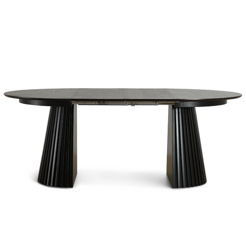 Lewis - Runder Lamellen-Esszimmer-Tisch in schwarzem Eichenfurnier mit Ausziehfunktion 120/160/200 cm - 2 Zusatzplatten inklusive