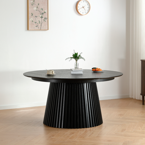 Lewis - Runder Esstisch mit Lamellen aus schwarzem Eichenfurnier Ø140