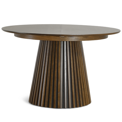 Lewis - Rundes Lamellen-Esszimmer-Tisch in geräuchertem Eichenfurnier mit Ausziehfunktion 120/160/200 cm - 2 Zusatzplatten inklusive