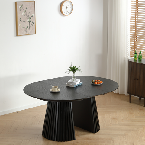 Lewis - Runder Lamellen-Esszimmer-Tisch in schwarzem Eichenfurnier mit Ausziehfunktion 120/160/200 cm - 2 Zusatzplatten inklusive
