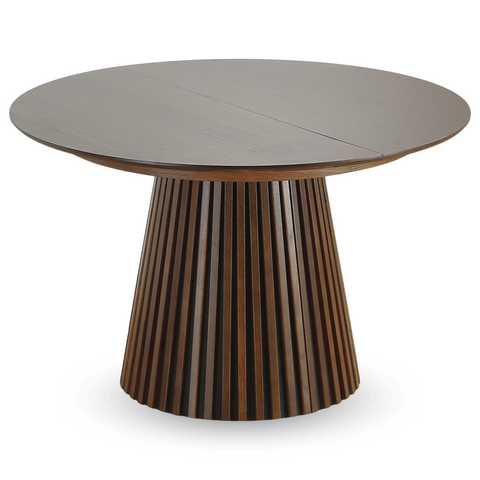 Lewis - Rundes Lamellen-Esszimmer-Tisch in geräuchertem Eichenfurnier mit Ausziehfunktion 120/160/200 cm - 2 Zusatzplatten inklusive