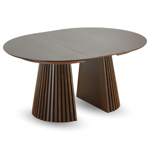 Lewis - Rundes Lamellen-Esszimmer-Tisch in geräuchertem Eichenfurnier mit Ausziehfunktion 120/160/200 cm - 2 Zusatzplatten inklusive