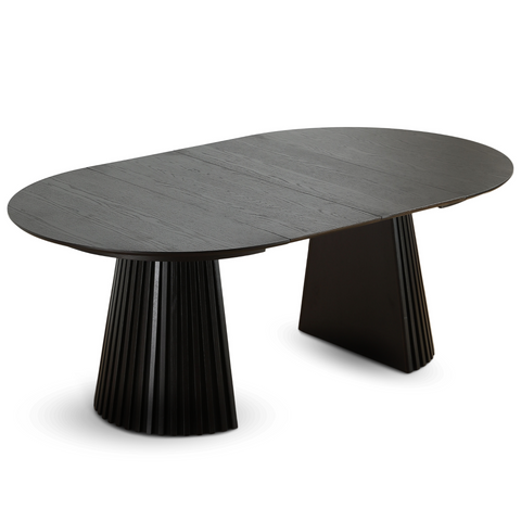Lewis - Runder Lamellen-Esszimmer-Tisch in schwarzem Eichenfurnier mit Ausziehfunktion 120/160/200 cm - 2 Zusatzplatten inklusive