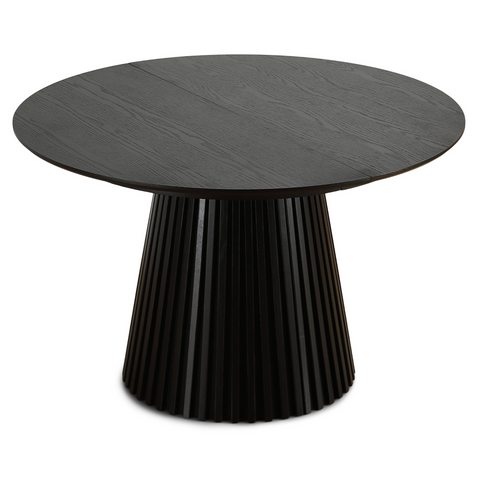 Lewis - Runder Lamellen-Esszimmer-Tisch in schwarzem Eichenfurnier mit Ausziehfunktion 120/160/200 cm - 2 Zusatzplatten inklusive