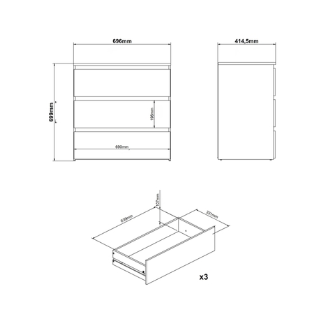 Maise Kommode 70x70x41 cm mit 3 Schubladen in weiß