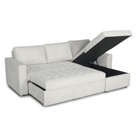 Sinus Schlafsofa mit Chaiselongue und Stauraum in beige, Rechts Und Links Wendbar