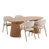Essgruppe – Lewis Lamellen-Esstisch Ø120 cm mit Ausziehfunktion aus Eichenfurnier + 4 x Ebba Esszimmerstühle in Beige mit Beinen in Eichenoptik